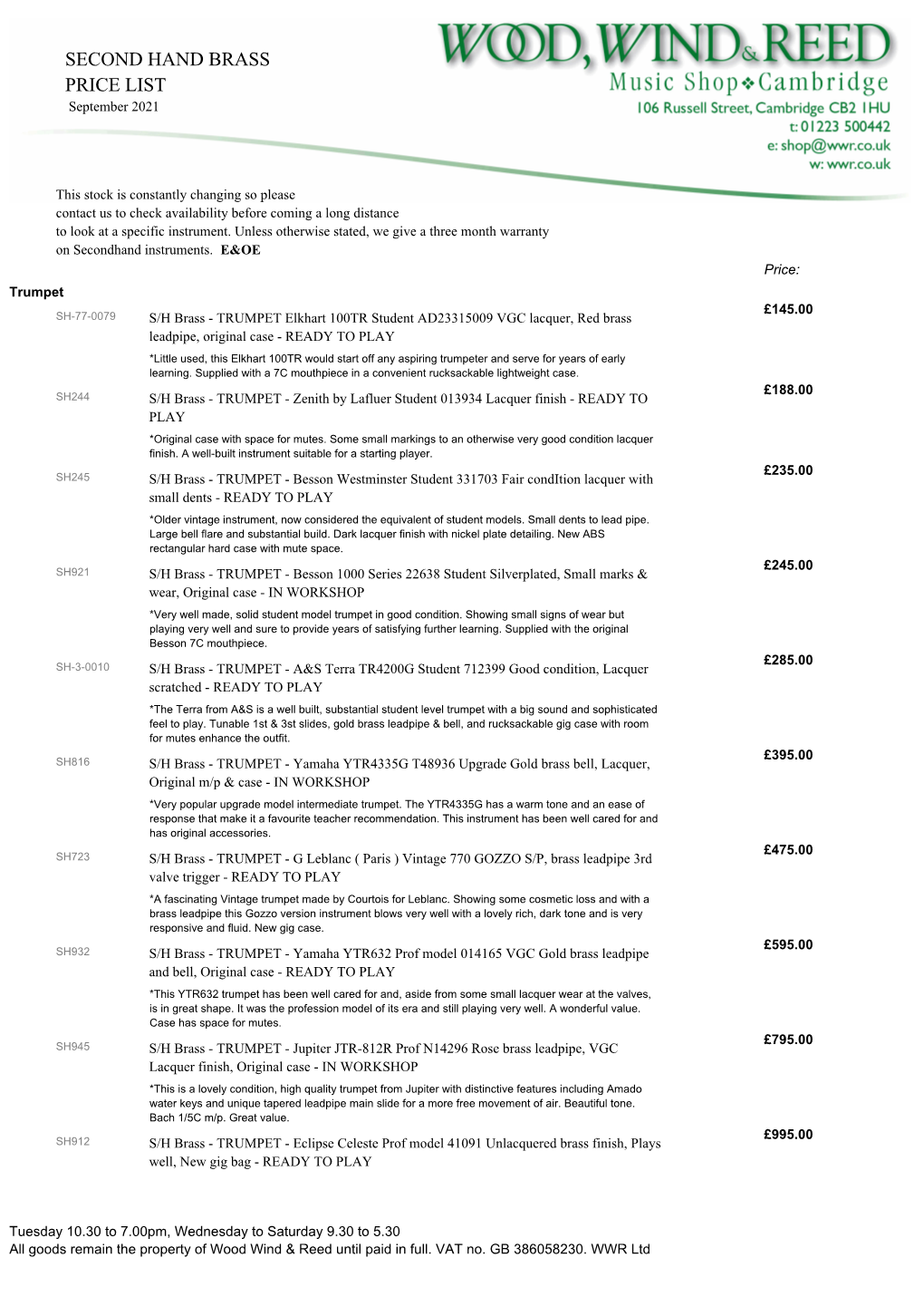 SECOND HAND BRASS PRICE LIST September 2021