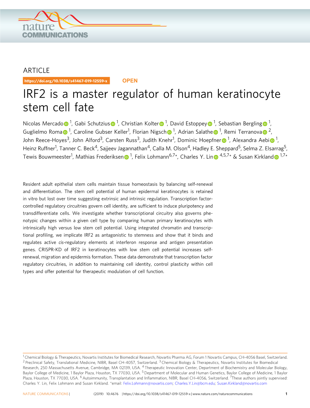 IRF2 Is a Master Regulator of Human Keratinocyte Stem Cell Fate