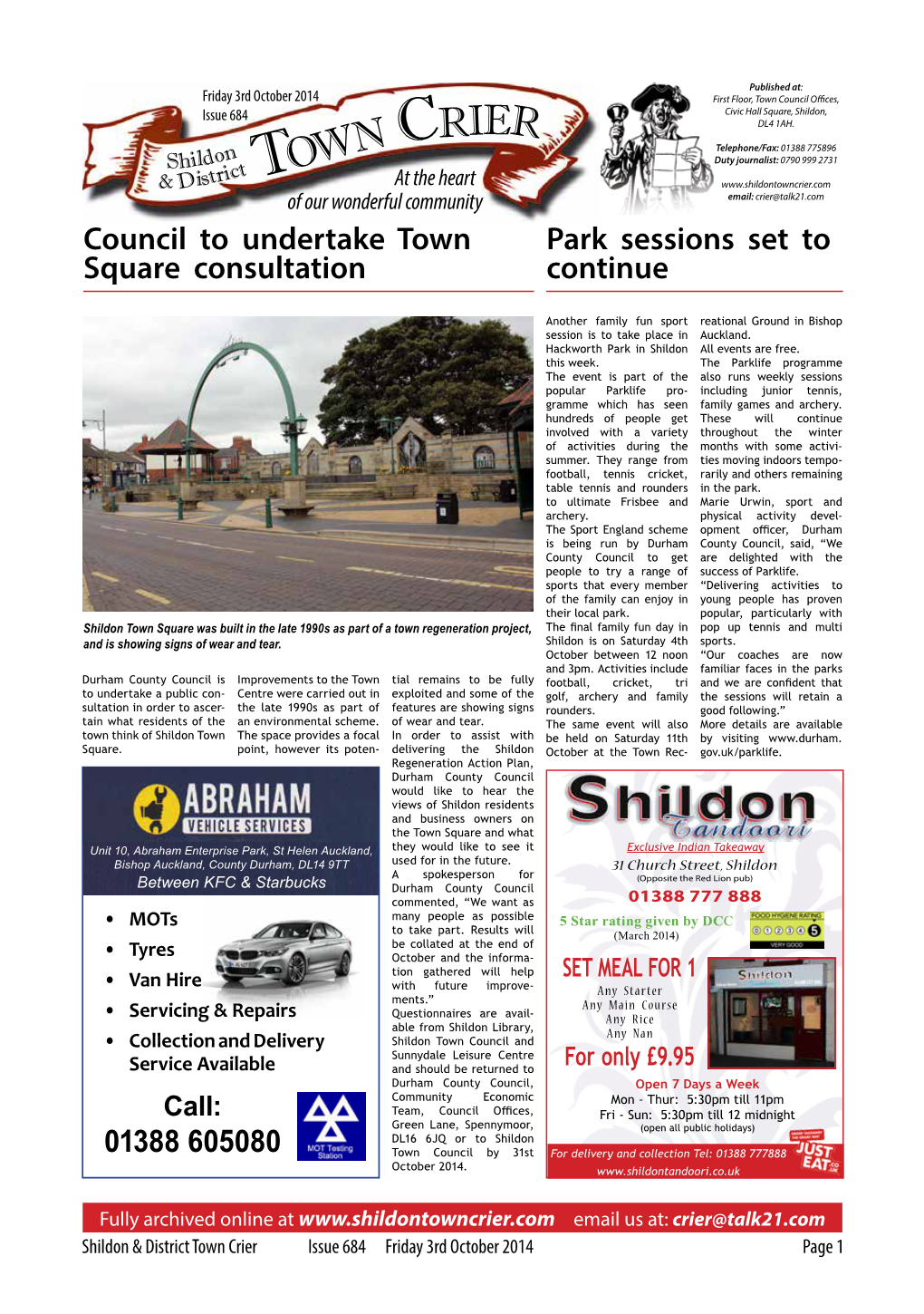 Town Crier Issue 684 Friday 3Rd October 2014 Page 1 N Crier Shildon Ow Classifieds Istri C T & D T All About Local People