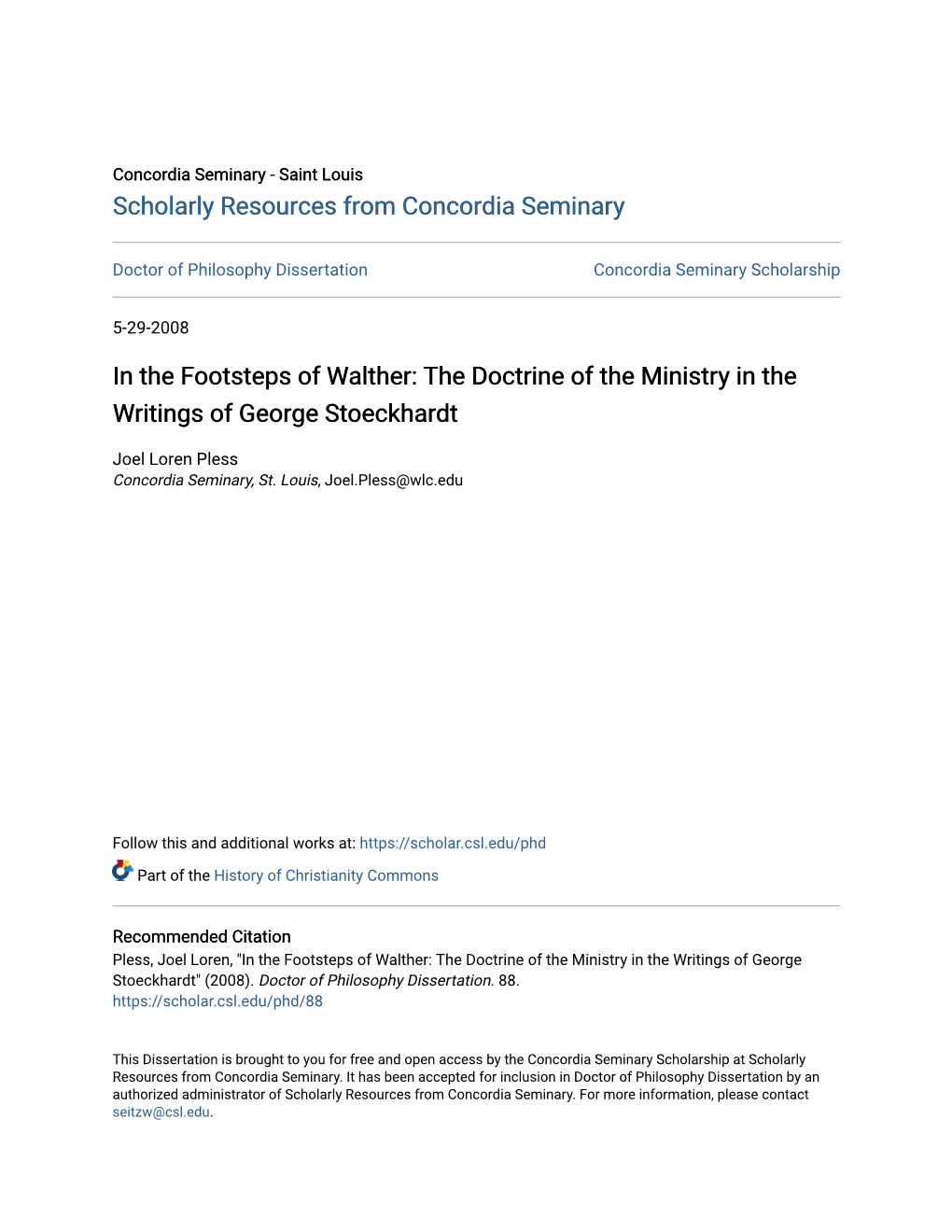 In the Footsteps of Walther: the Doctrine of the Ministry in the Writings of George Stoeckhardt