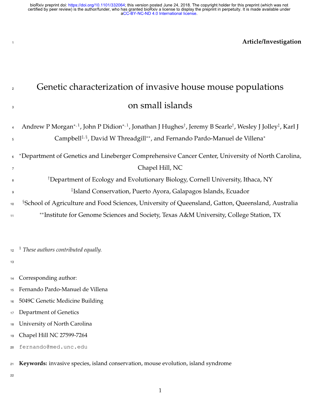 Genetic Characterization of Invasive House Mouse Populations on Small