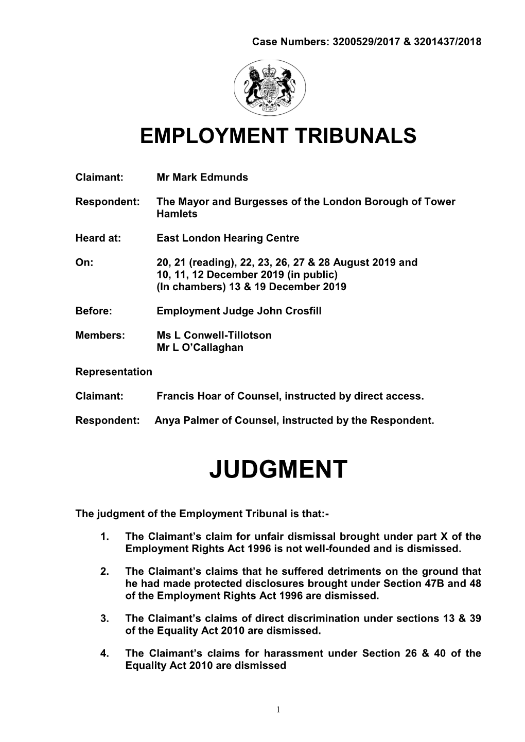 Mr M Edmunds V London Borough of Tower Hamlets