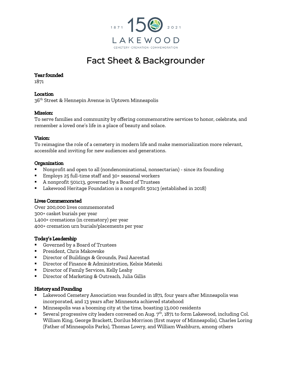 Lakewood Fact Sheet & Backgrounder
