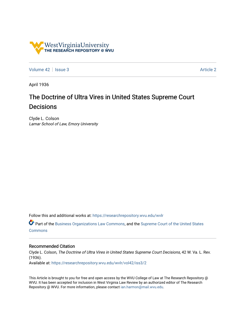 The Doctrine of Ultra Vires in United States Supreme Court Decisions
