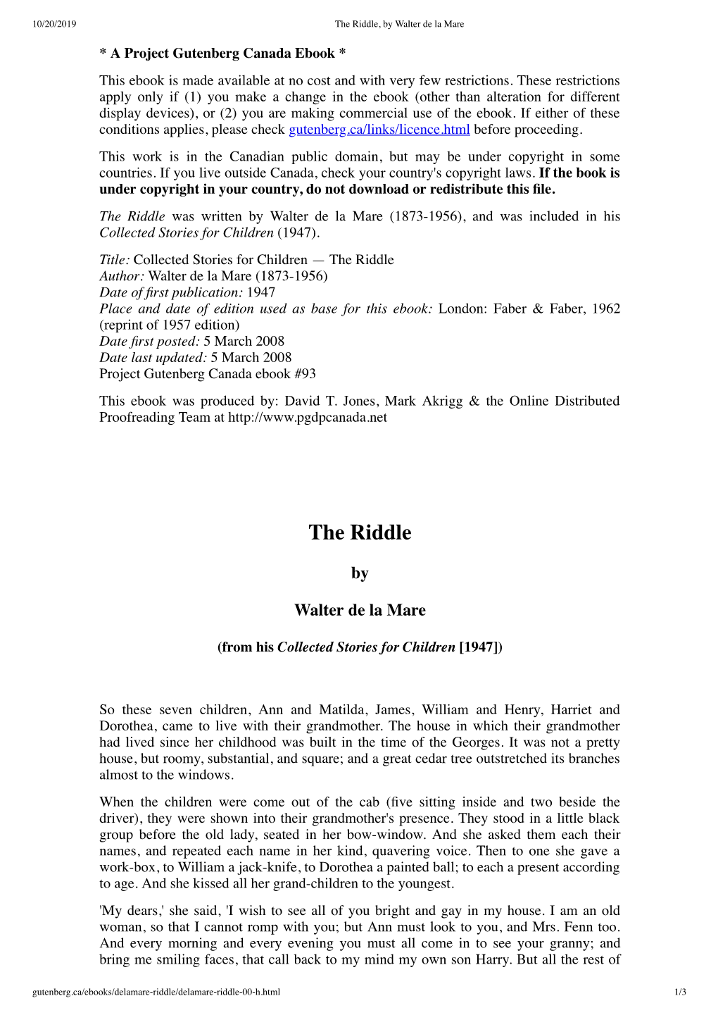 The Riddle, by Walter De La Mare