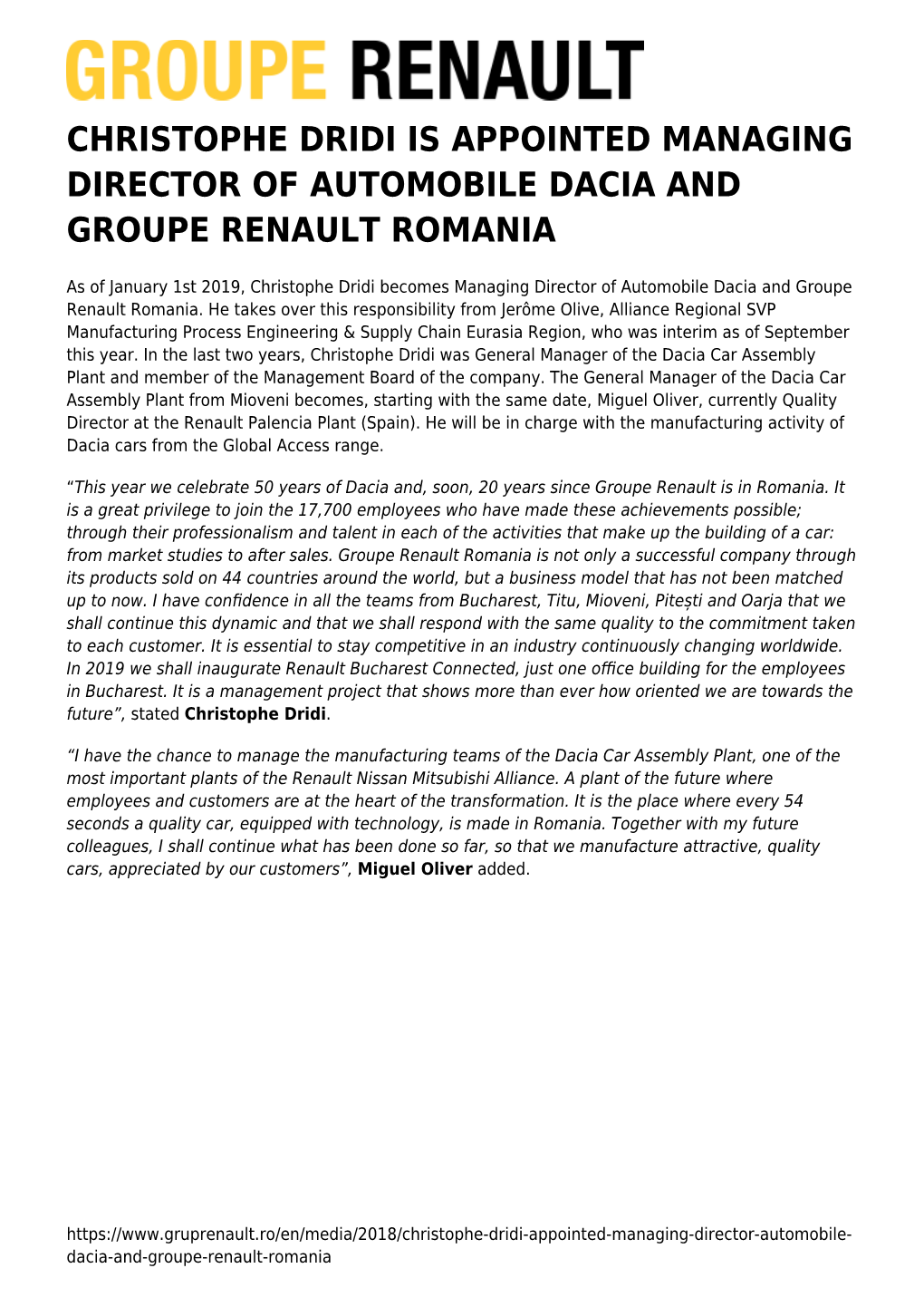 Christophe Dridi Is Appointed Managing Director of Automobile Dacia and Groupe Renault Romania