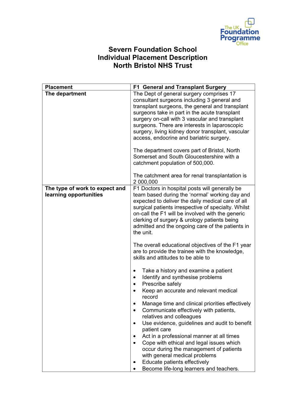 Severn Foundation School Individual Placement Description North Bristol NHS Trust