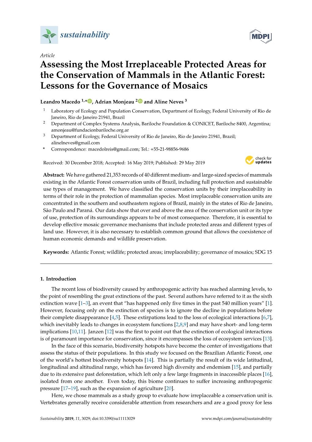 Assessing the Most Irreplaceable Protected Areas for the Conservation of Mammals in the Atlantic Forest: Lessons for the Governance of Mosaics