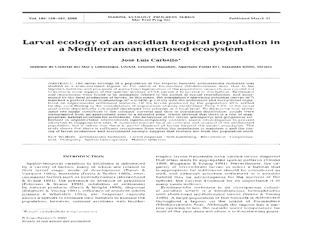 Larval Ecology of an Ascidian Tropical Population in a Mediterranean Enclosed Ecosystem