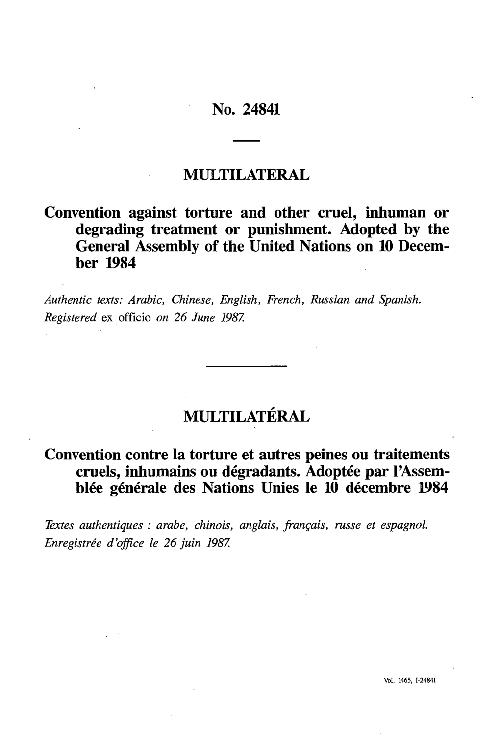 No. 24841 MULTILATERAL Convention Against Torture And