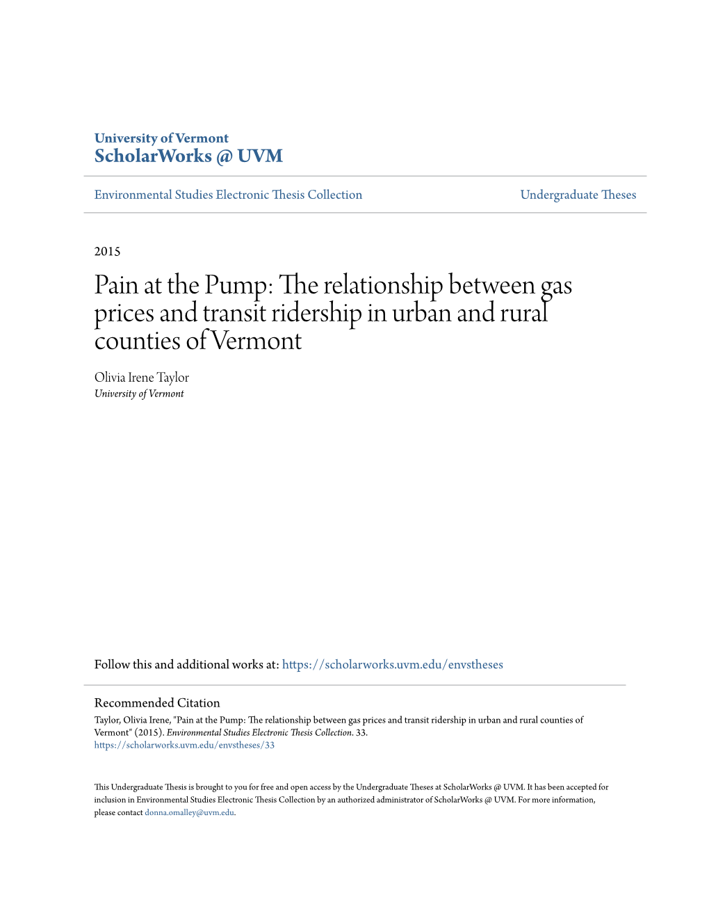 The Relationship Between Gas Prices and Transit Ridership in Urban and Rural Counties of Vermont