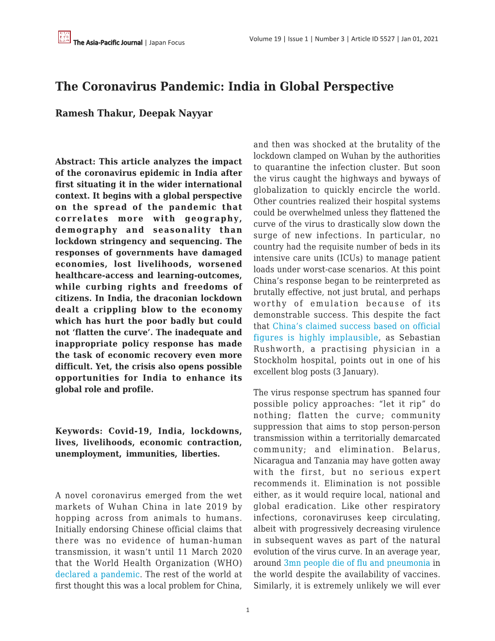 The Coronavirus Pandemic: India in Global Perspective