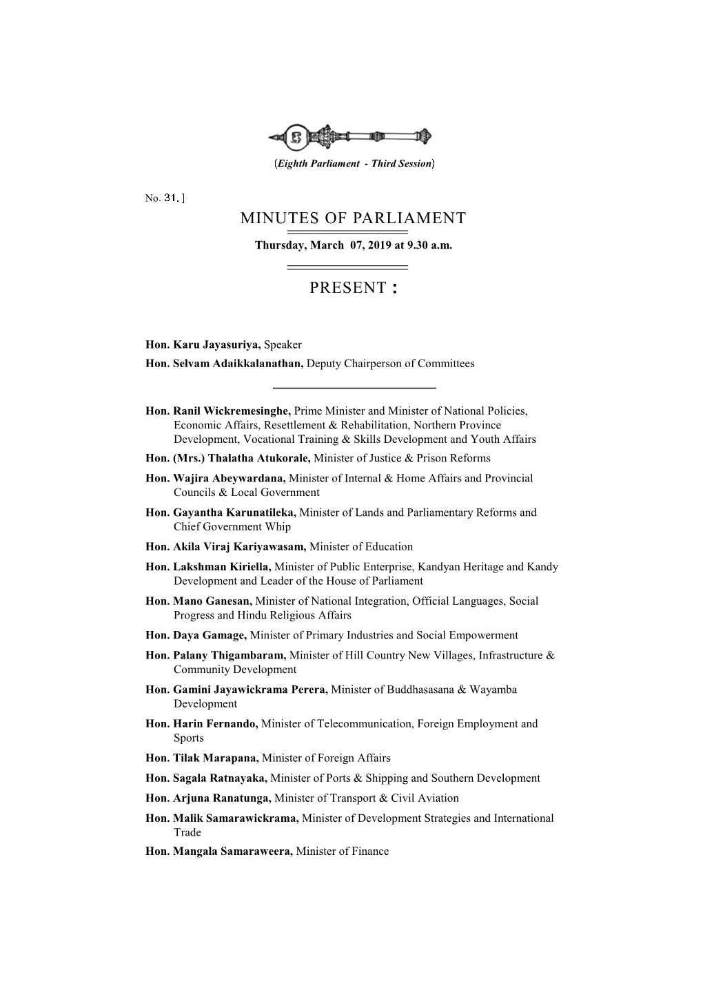 Minutes of Parliament Present