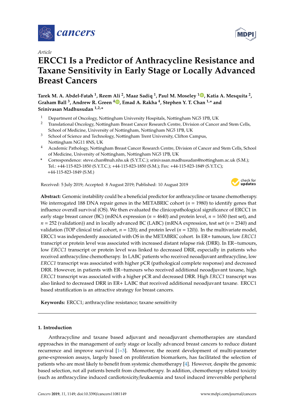 ERCC1 Is a Predictor of Anthracycline Resistance and Taxane Sensitivity in Early Stage Or Locally Advanced Breast Cancers