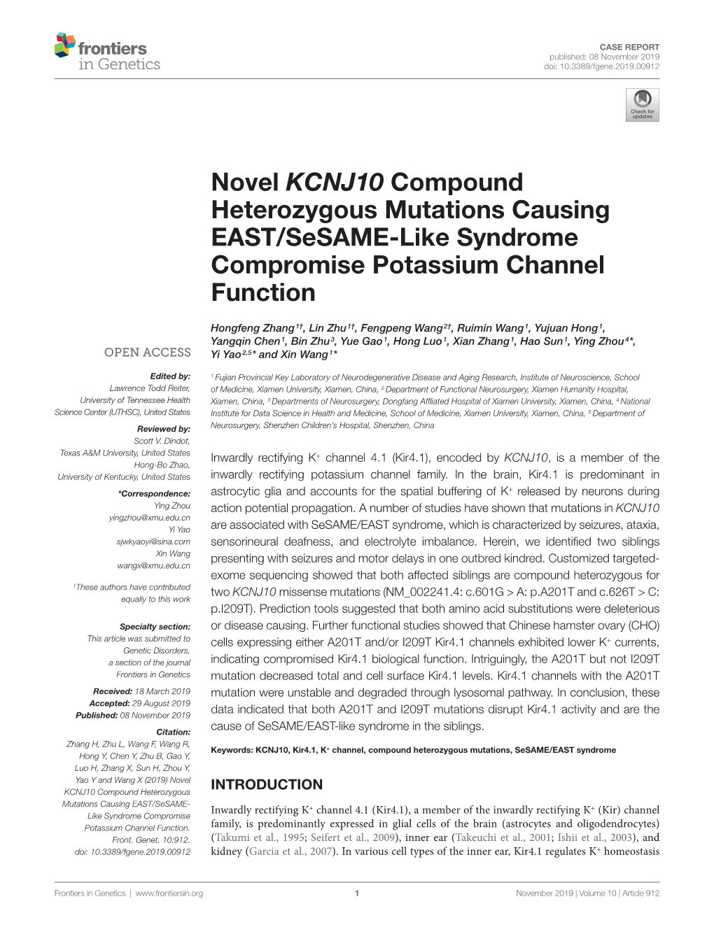 Novel KCNJ10 Compound Heterozygous Mutations Causing EAST/Sesame-Like Syndrome Compromise Potassium Channel Function