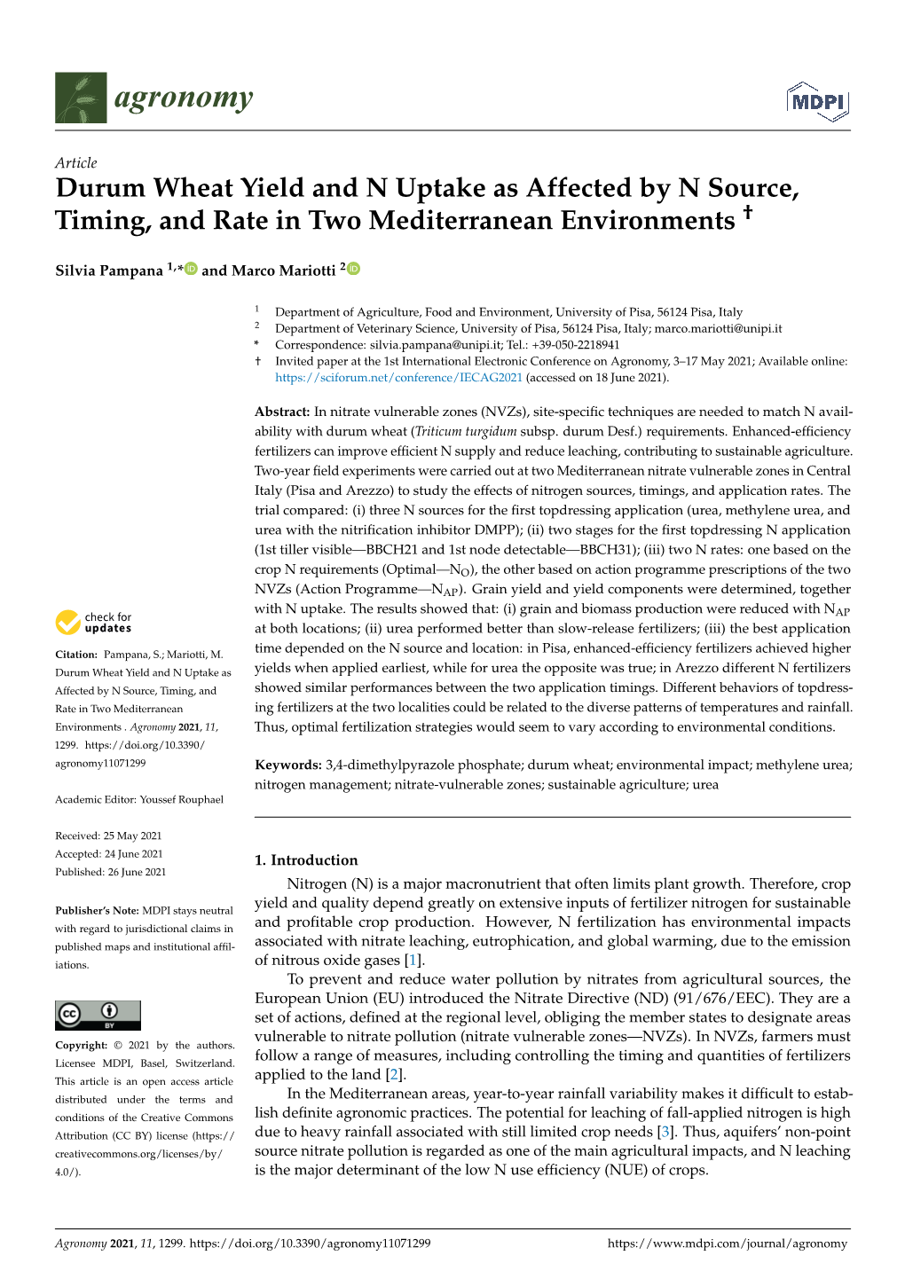 Durum Wheat Yield and N Uptake As Affected by N Source, Timing, and Rate in Two Mediterranean Environments †