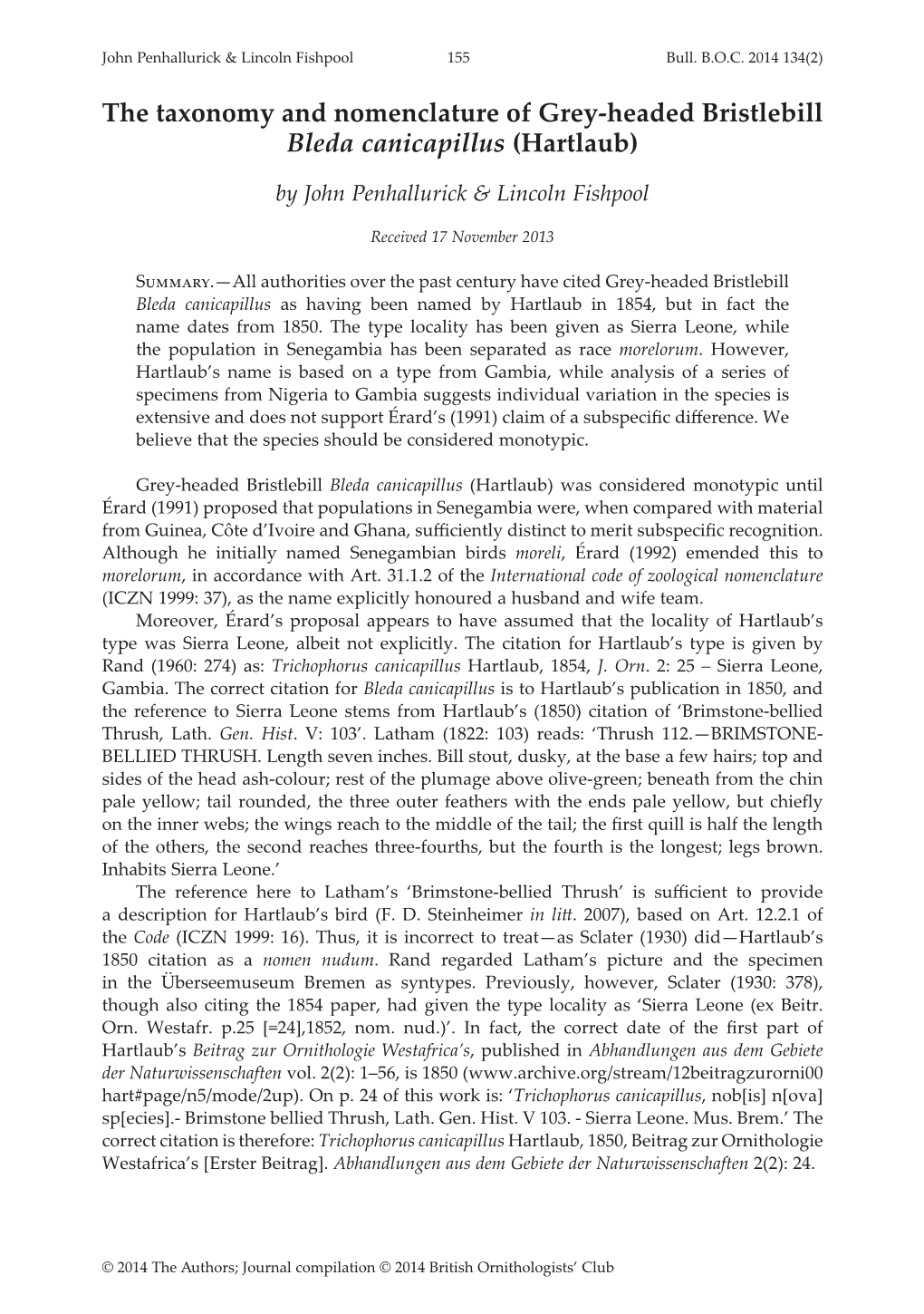 The Taxonomy and Nomenclature of Grey-Headed Bristlebill Bleda Canicapillus (Hartlaub)