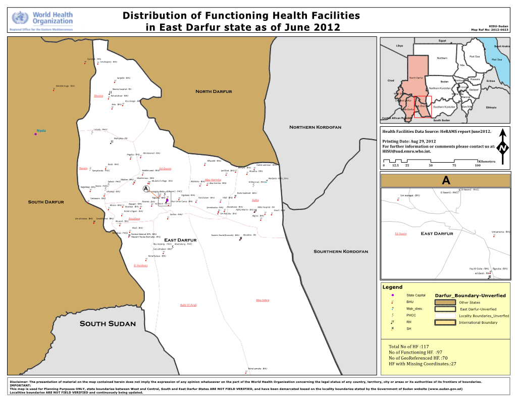 Distribution of Functioning Health Facilities in East Darfur State As Of