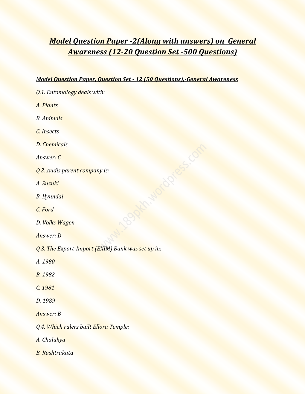 Model Question Paper -2(Along with Answers) on General Awareness (12-20 Question Set -500 Questions)