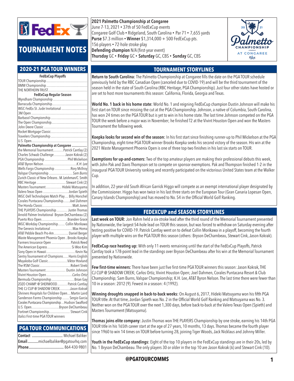 TOURNAMENT NOTES Defending Champion N/A (First-Year Event) Thursday GC • Friday GC • Saturday GC, CBS • Sunday GC, CBS