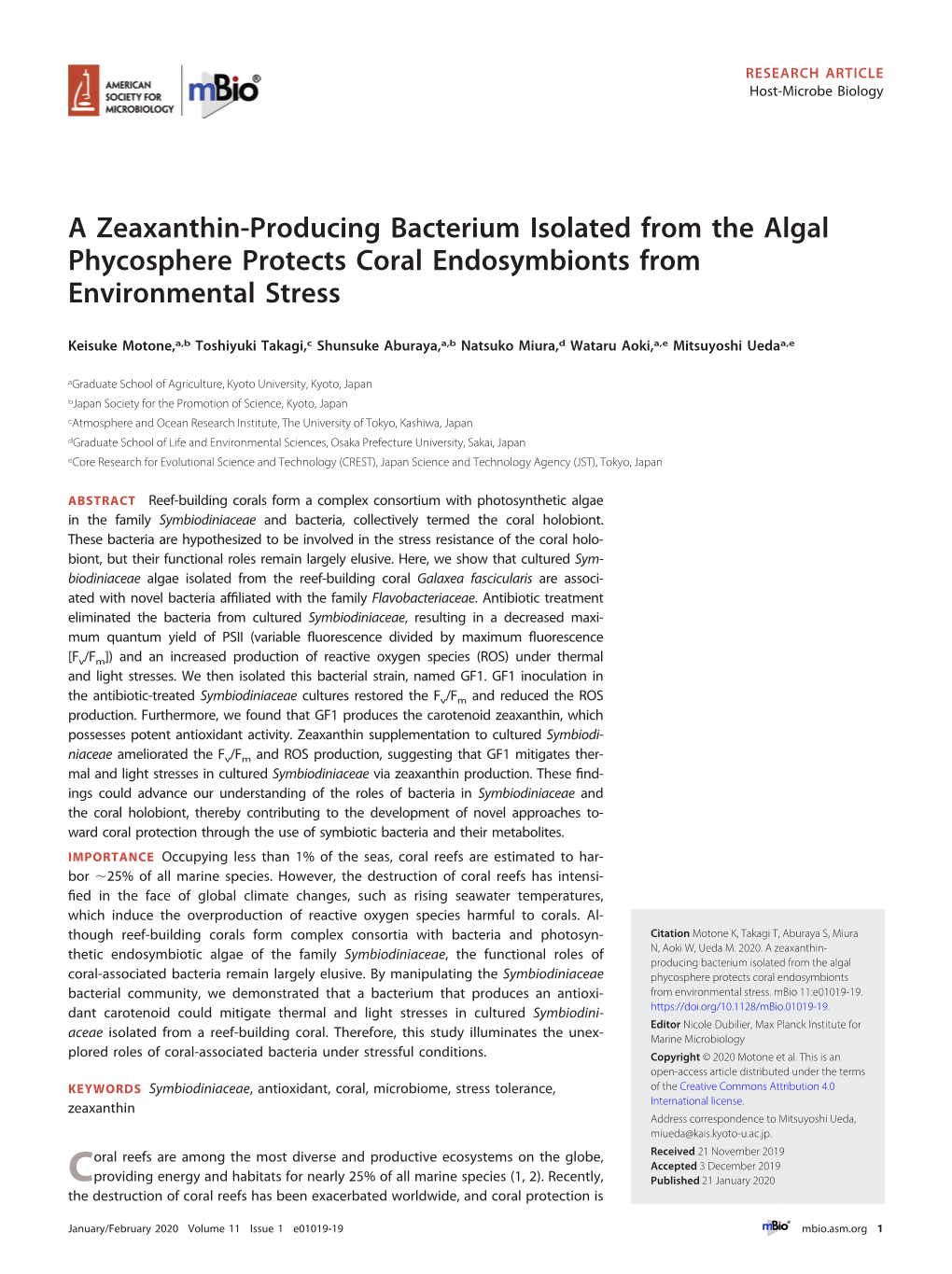 A Zeaxanthin-Producing Bacterium Isolated from the Algal Phycosphere Protects Coral Endosymbionts from Environmental Stress