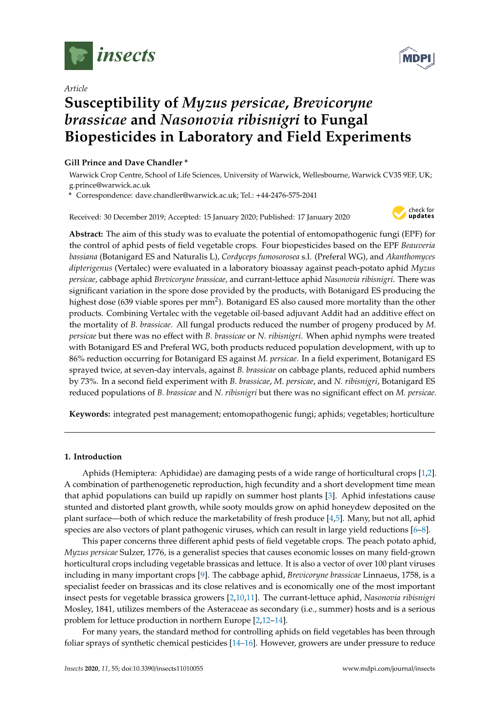 Susceptibility of Myzus Persicae, Brevicoryne Brassicae and Nasonovia Ribisnigri to Fungal Biopesticides in Laboratory and Field Experiments