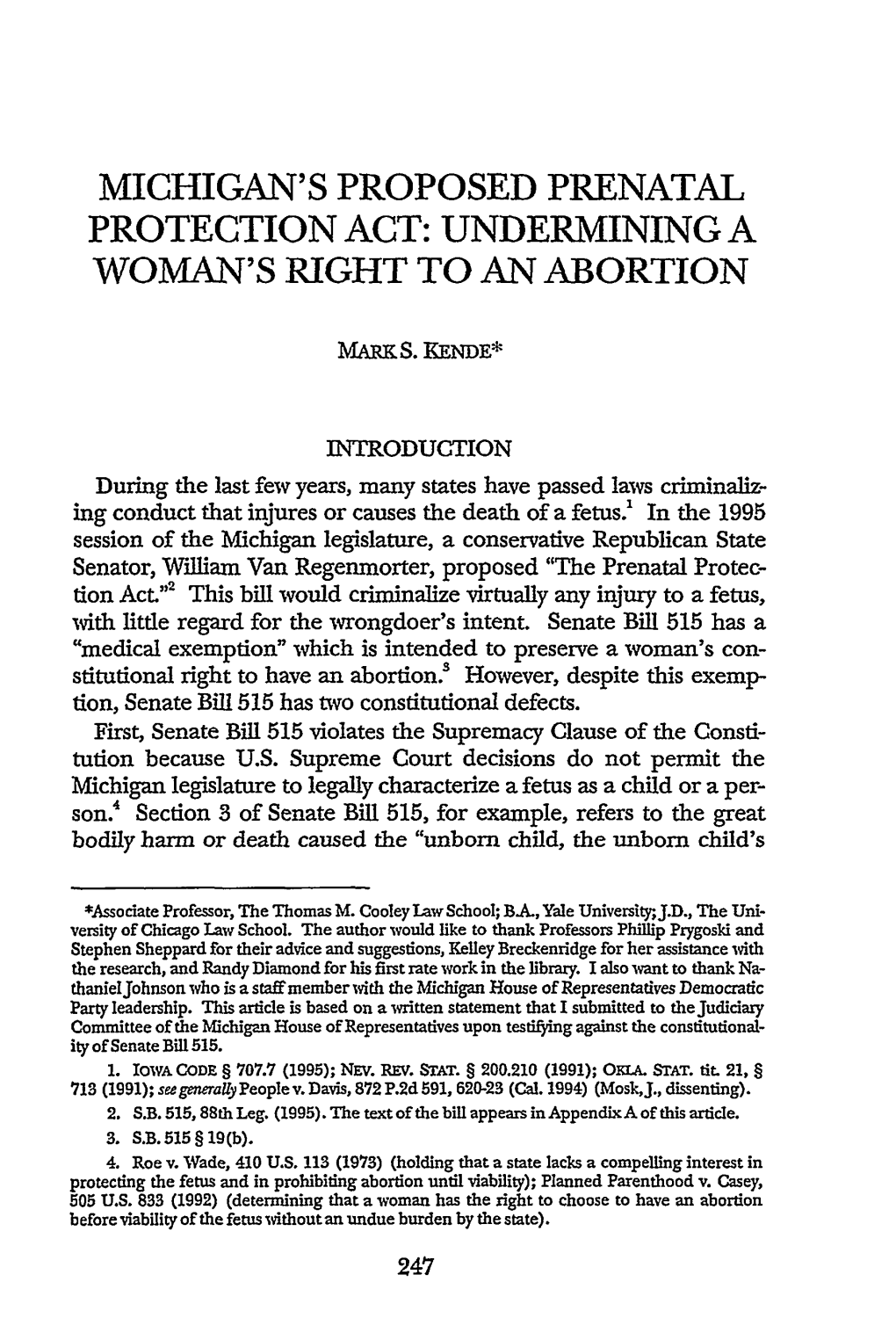 Michigan's Proposed Prenatal Protection Act: Undermining a Woman's Right to an Abortion