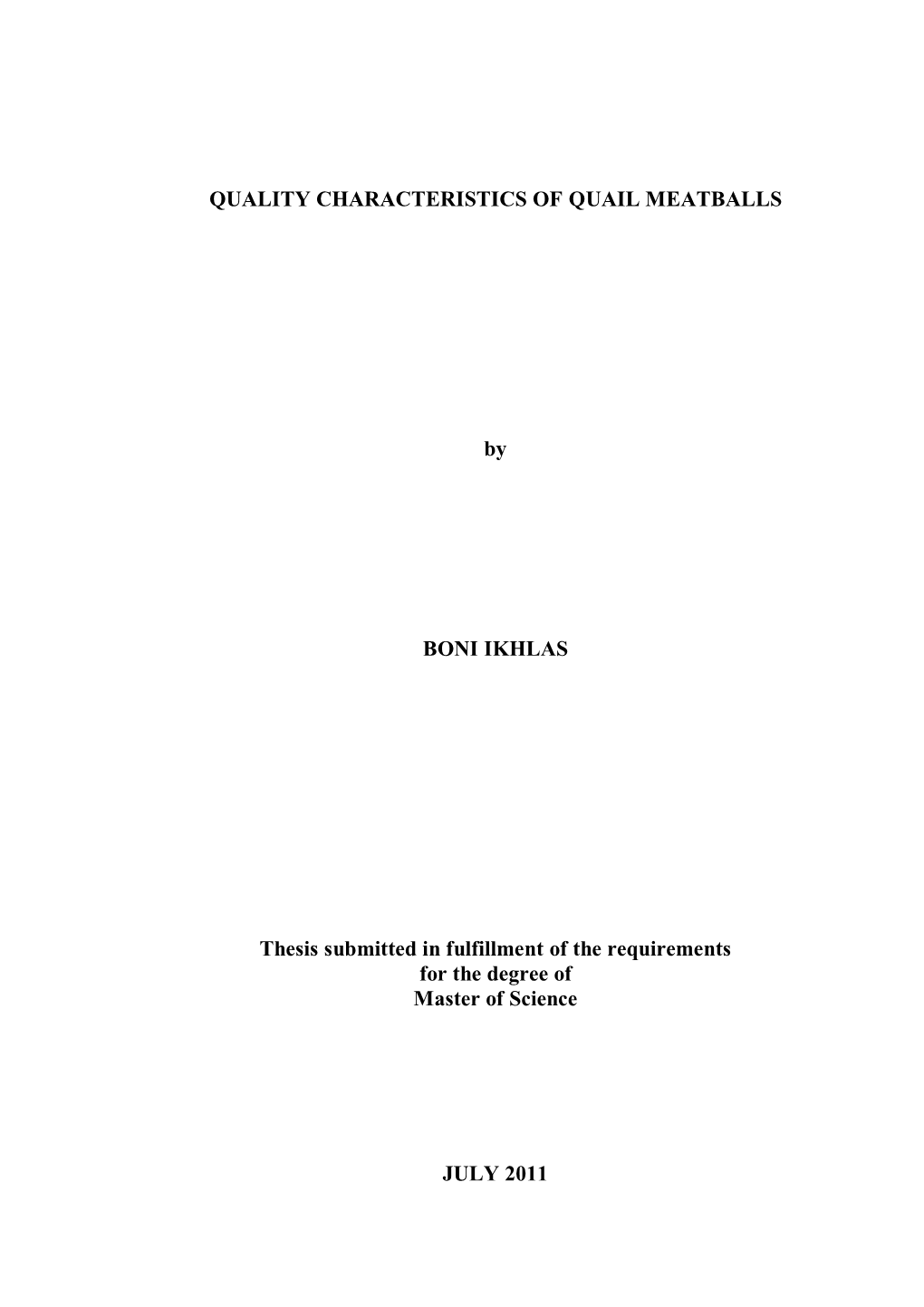 QUALITY CHARACTERISTICS of QUAIL MEATBALLS by BONI