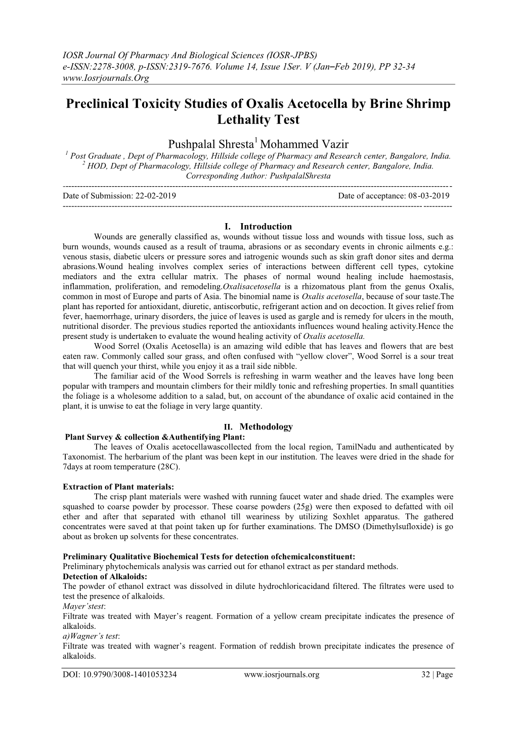 Preclinical Toxicity Studies of Oxalis Acetocella by Brine Shrimp Lethality Test