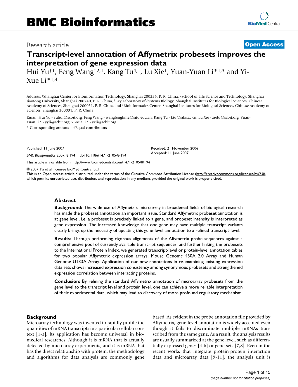 Transcript-Level Annotation of Affymetrix Probesets Improves The