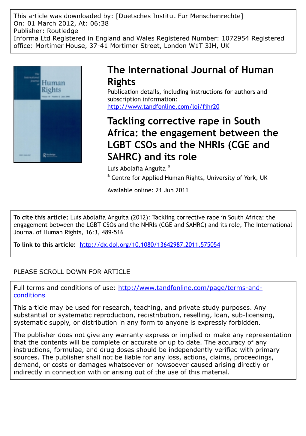 Tackling Corrective Rape in South Africa: the Engagement Between