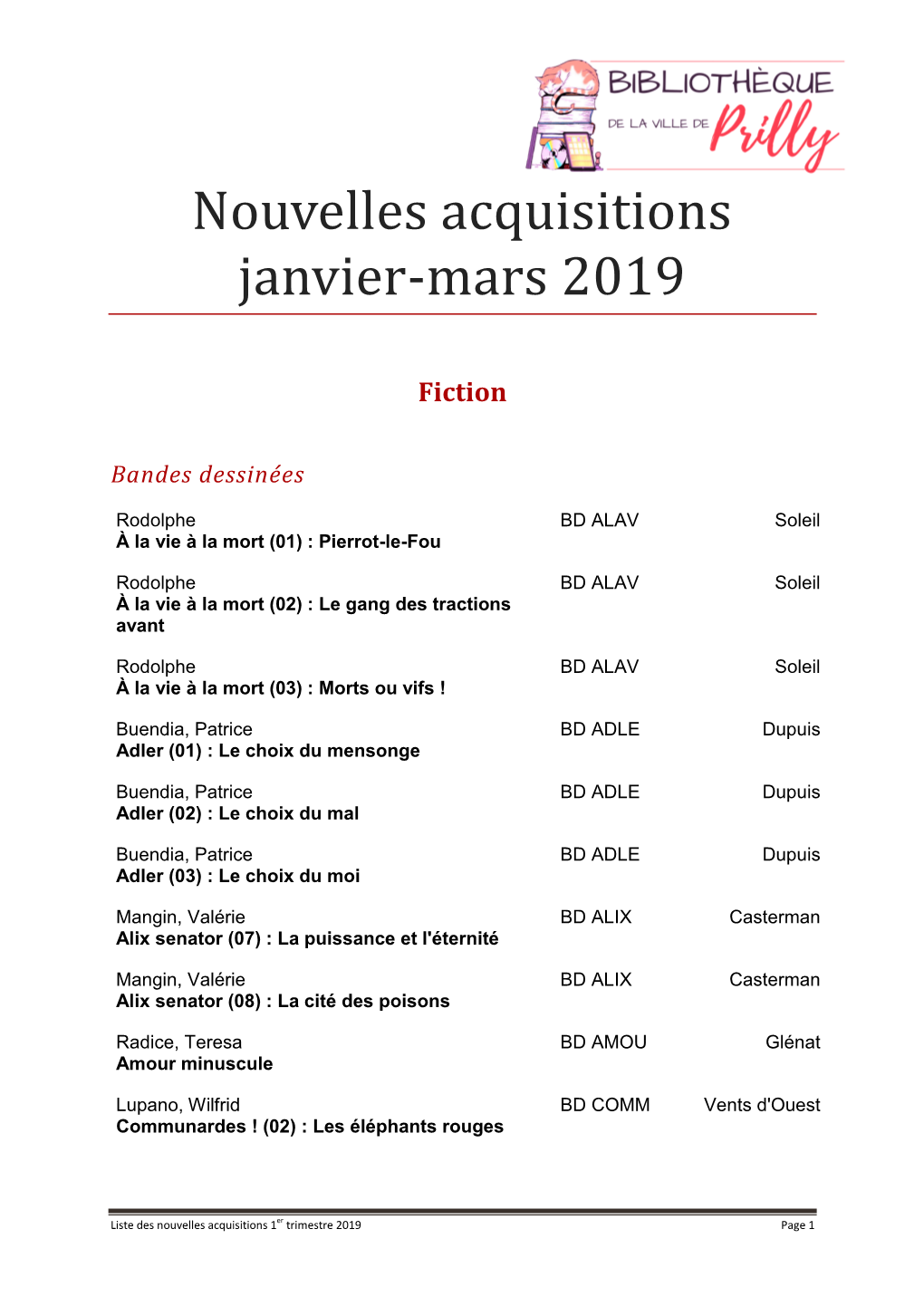 Nouvelles Acquisitions Janvier-Mars 2019