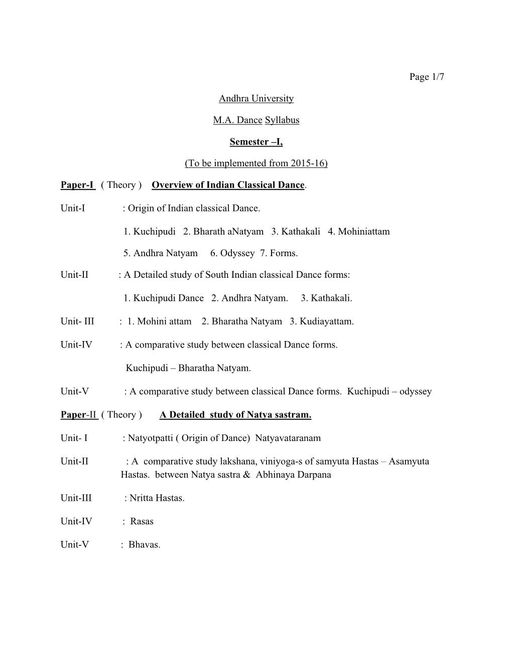 Page 1/7 Andhra University MA Dance Syllabus Semester