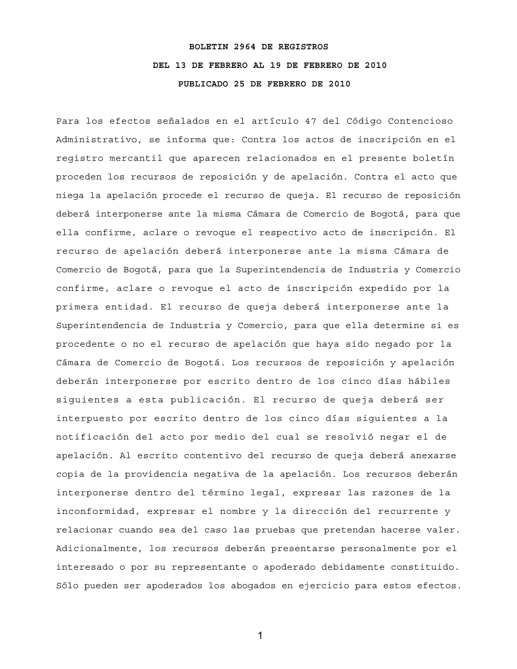 Boletin 2964 De Registros Del 13 De Febrero Al 19 De Febrero De 2010 Publicado 25 De Febrero De 2010