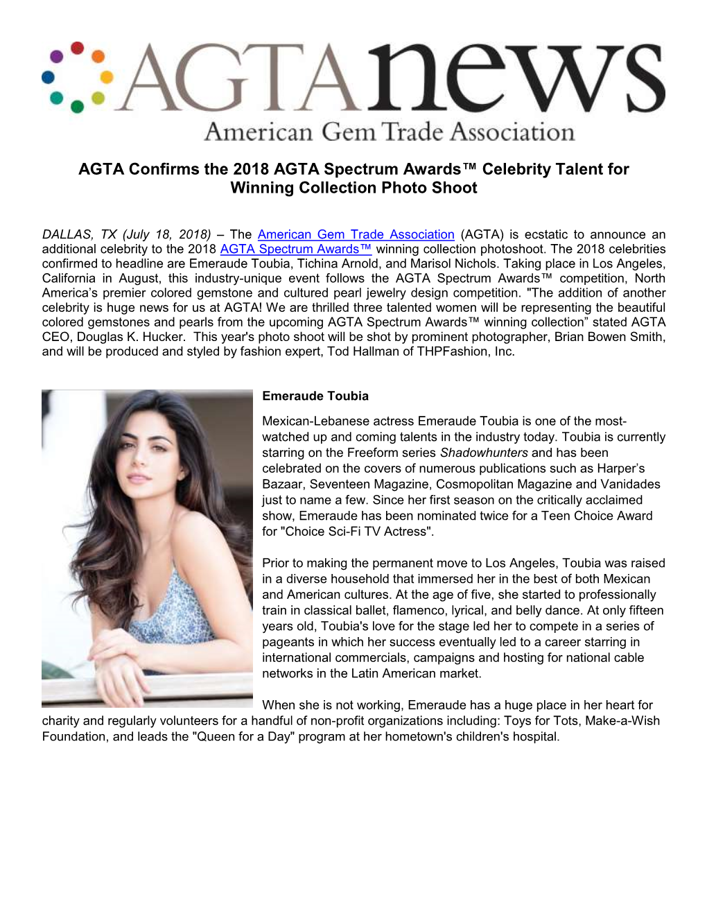 AGTA Confirms the 2018 AGTA Spectrum Awards™ Celebrity Talent for Winning Collection Photo Shoot
