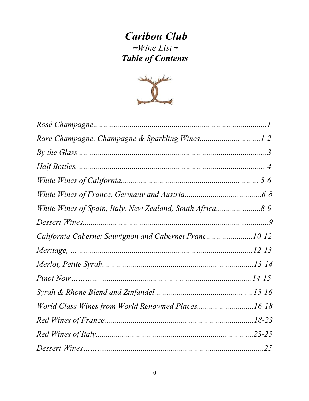 Wine List~ Table of Contents