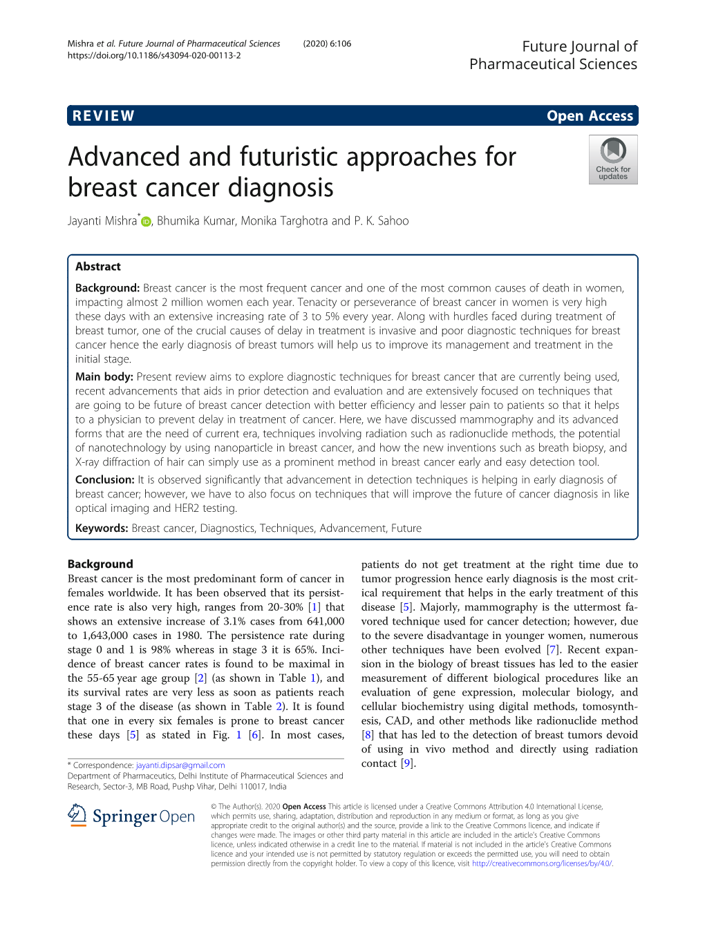 Advanced and Futuristic Approaches for Breast Cancer Diagnosis Jayanti Mishra* , Bhumika Kumar, Monika Targhotra and P