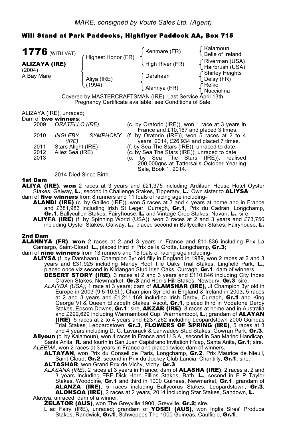 MARE, Consigned by Voute Sales Ltd. (Agent)