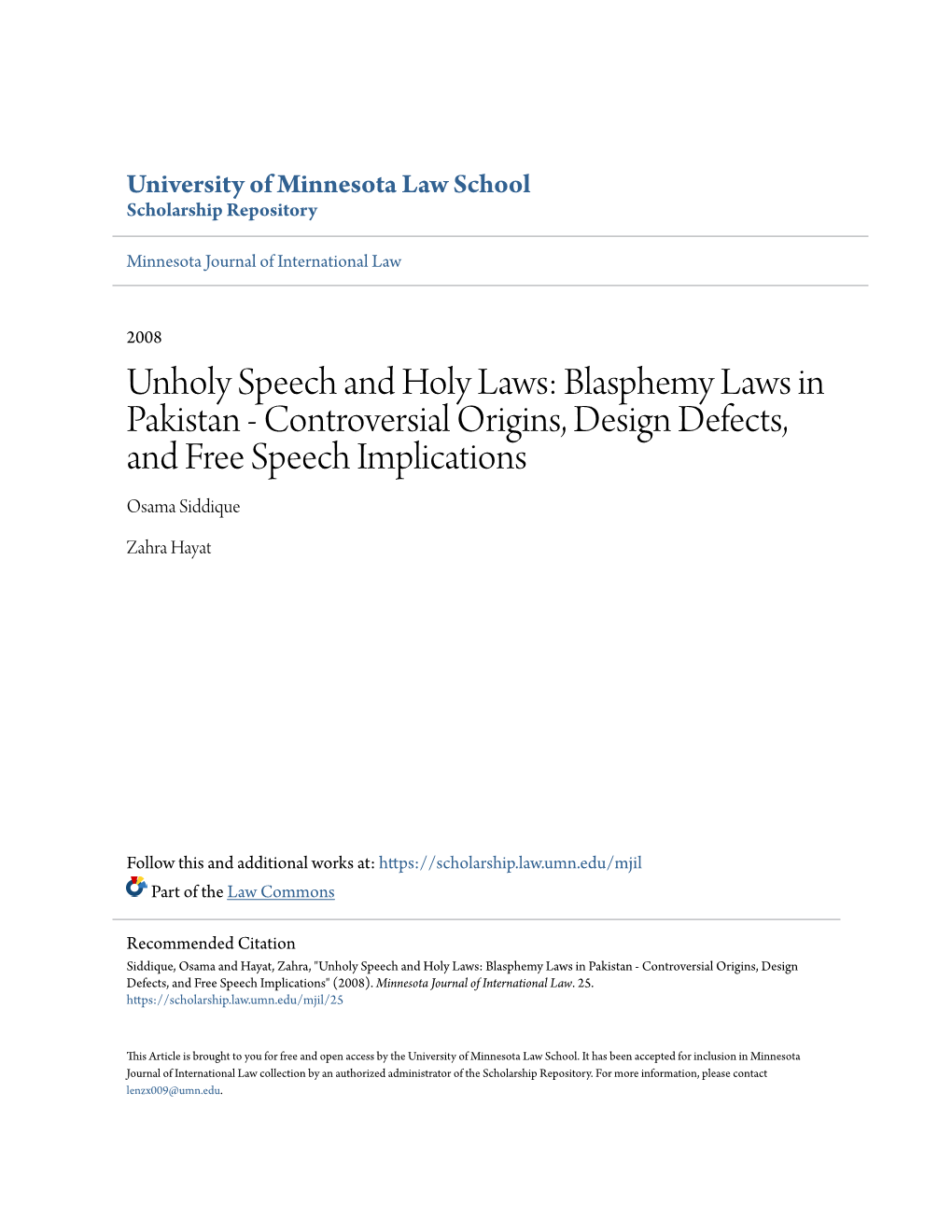 Blasphemy Laws in Pakistan - Controversial Origins, Design Defects, and Free Speech Implications Osama Siddique