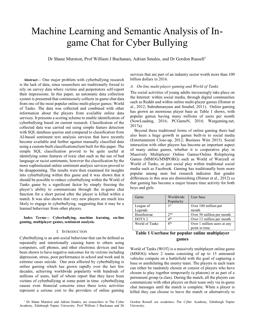 Game Chat for Cyber Bullying