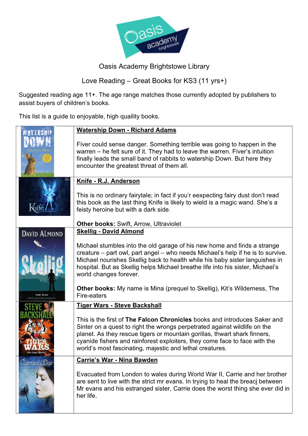 Oasis Academy Brightstowe Library Love Reading – Great Books For