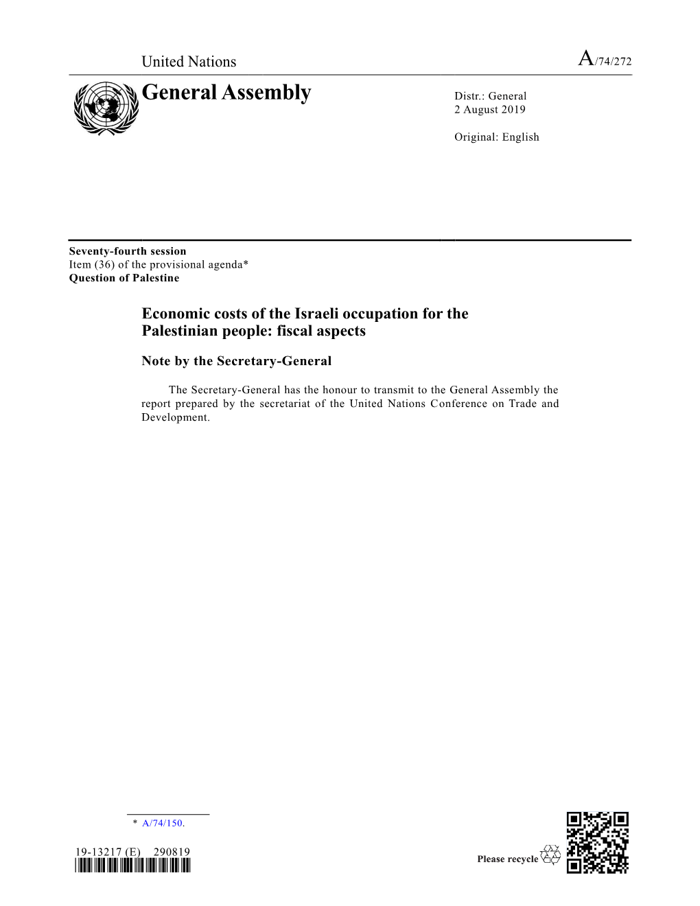 Economic Costs of the Israeli Occupation for the Palestinian People: Fiscal Aspects