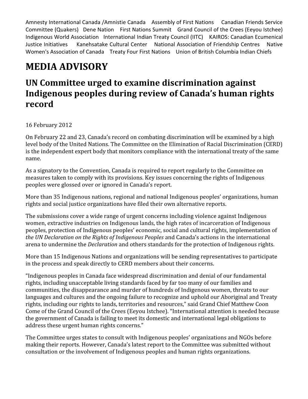 MEDIA ADVISORY UN Committee Urged to Examine Discrimination Against Indigenous Peoples During Review of Canada’S Human Rights Record