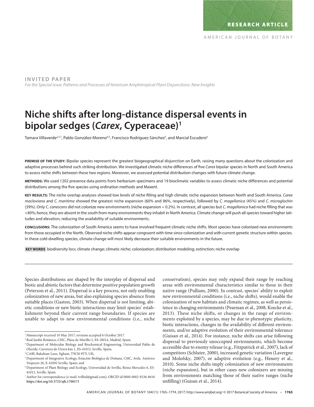 Niche Shifts After Long-Distance Dispersal Events in Bipolar Sedges (Carex , Cyperaceae)1
