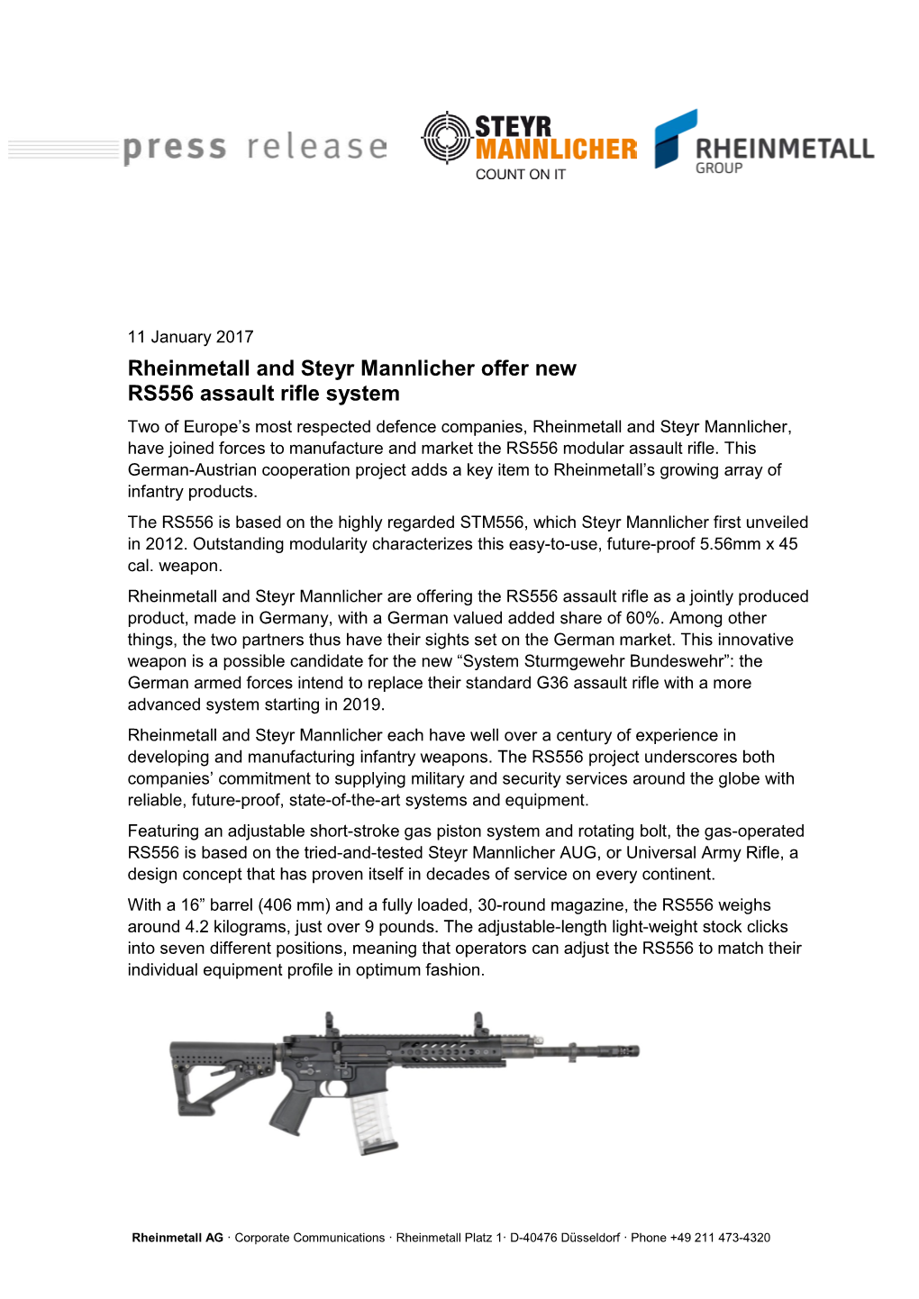 Rheinmetall and Steyr Mannlicher Offer New RS556 Assault Rifle System