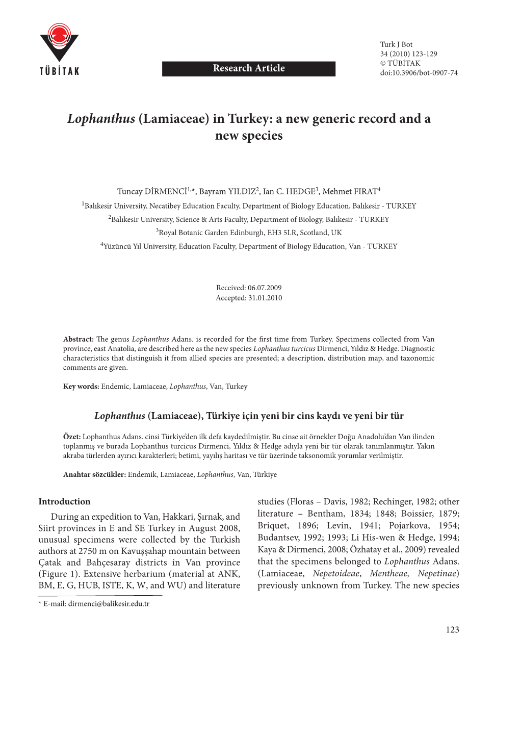 Lophanthus (Lamiaceae) in Turkey: a New Generic Record and a New Species