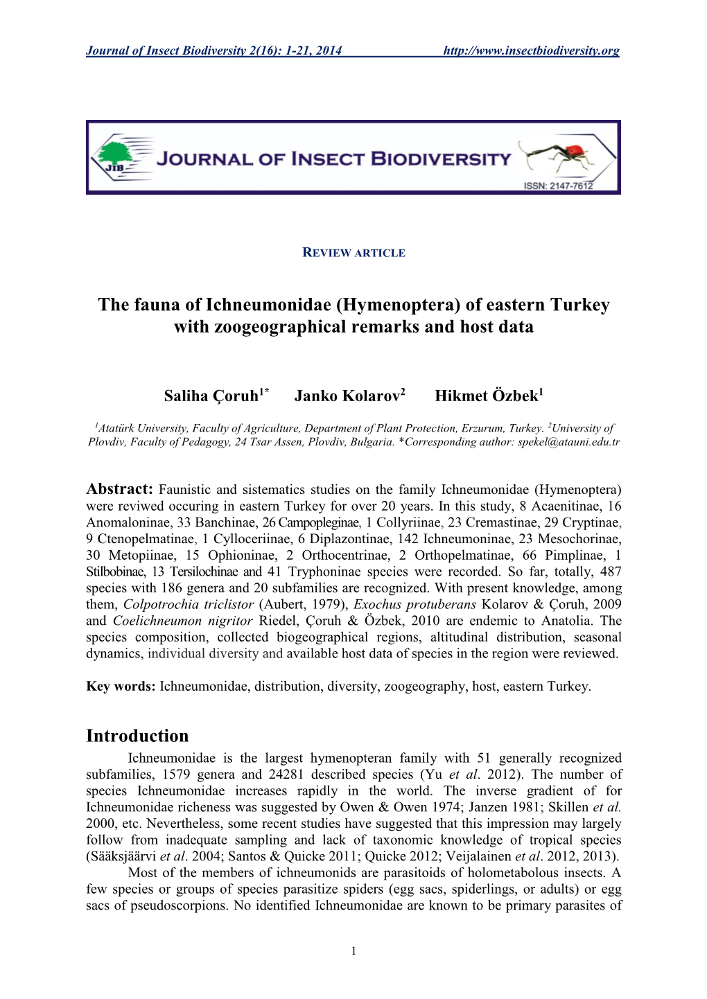 Hymenoptera) of Eastern Turkey with Zoogeographical Remarks and Host Data