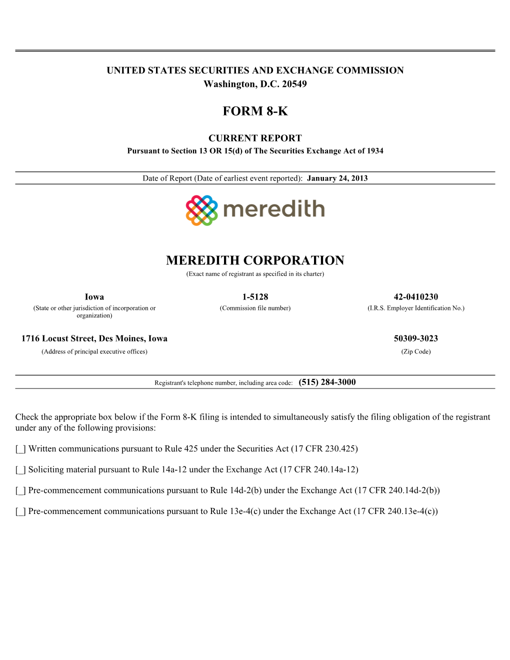 Form 8-K Meredith Corporation