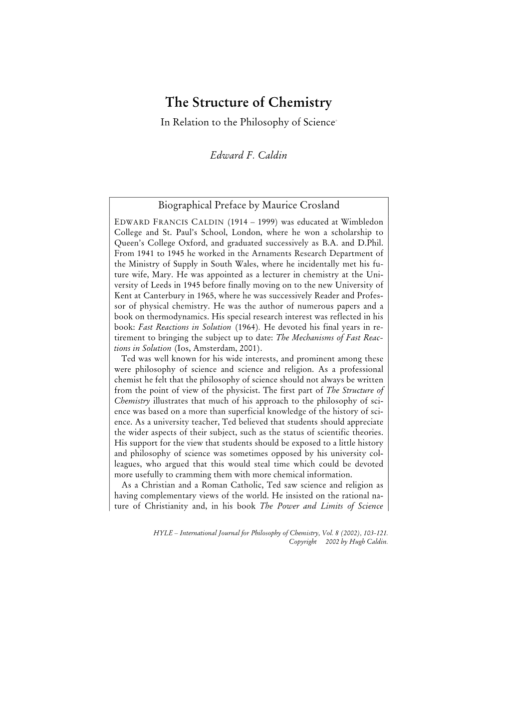 The Structure of Chemistry in Relation to the Philosophy of Science