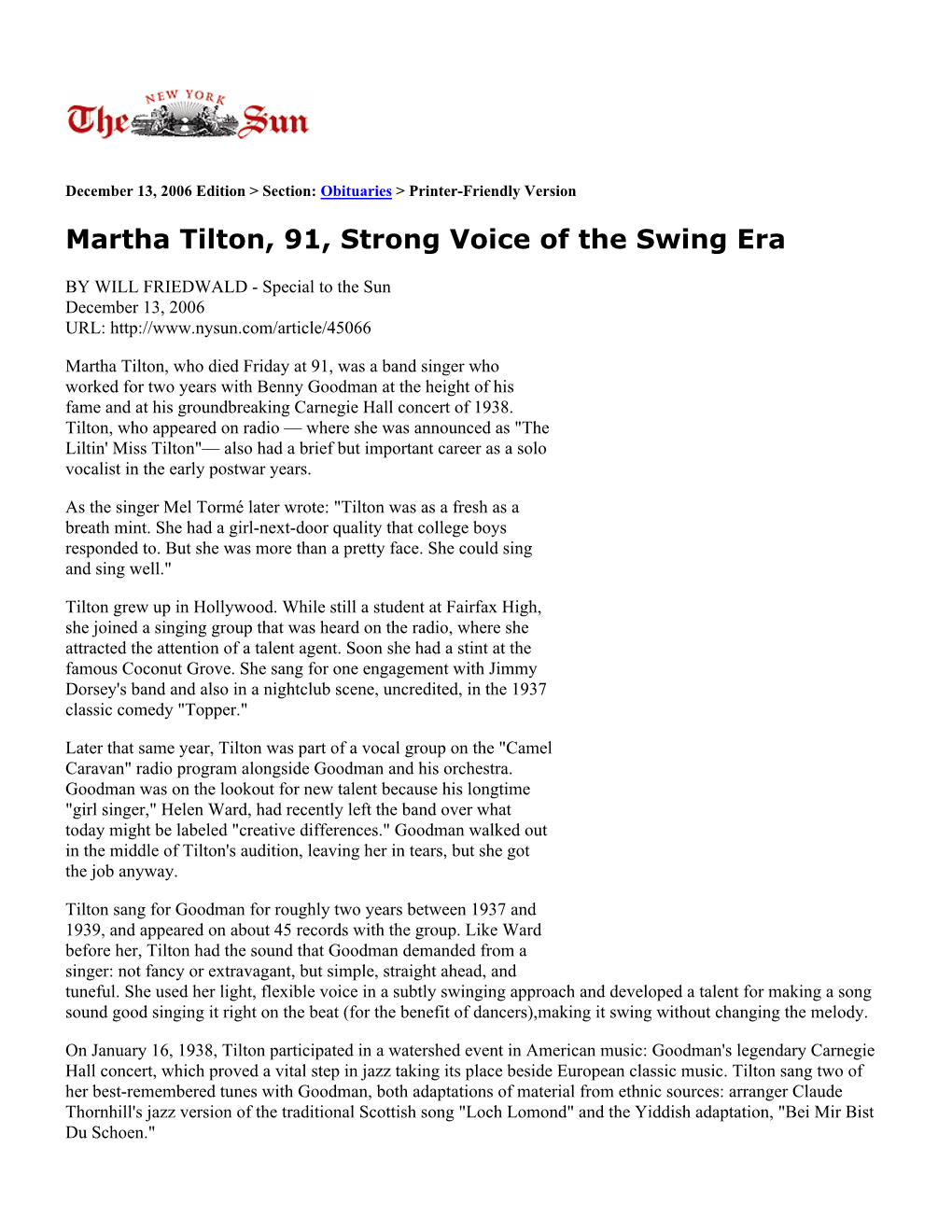 Martha Tilton, 91, Strong Voice of the Swing Era